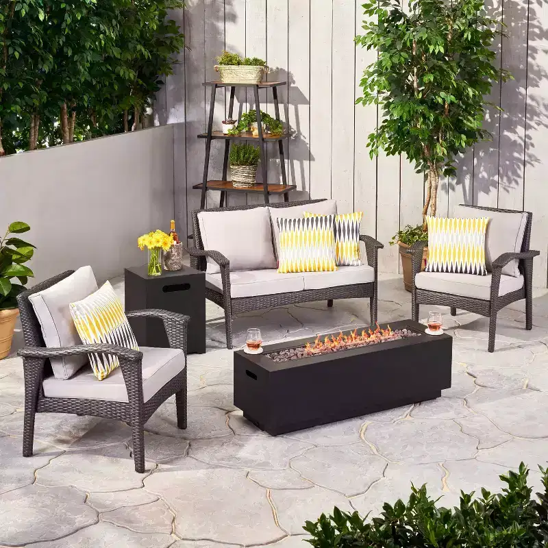 GDFStudio Houlihan Outdoor Wicker 4 Seater Chat Set with Fire Pit