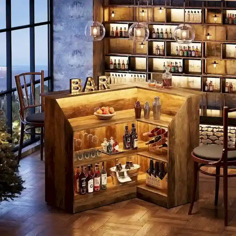 L-Shaped Bar Cabinet with Stemware Racks for Home Pub