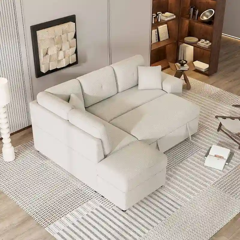 Sectional Sofa Pull Out Sofa Bed with Storage Ottoman, Convertible Sleeper for Living Room