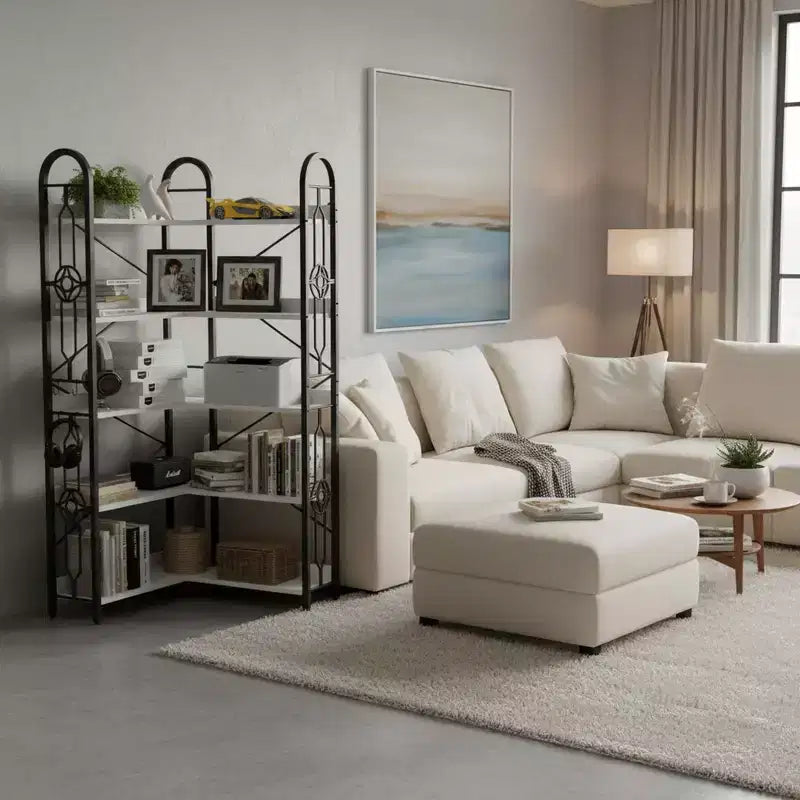 5-Tier Corner Bookshelf with Metal Frame, Space-Saving Storage Rack for Living Room or Office