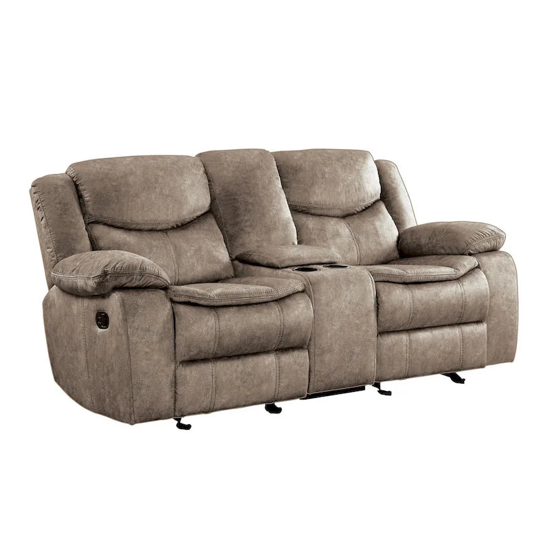 Joe 79 Inch Manual Dual Glider Recliner Loveseat, Console, Brown Microfiber