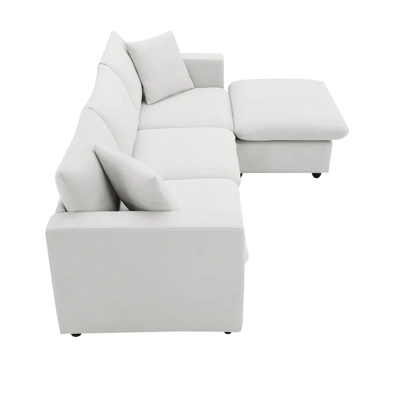 White L-Shaped Sectional Sofa with Ottoman, Seats 5