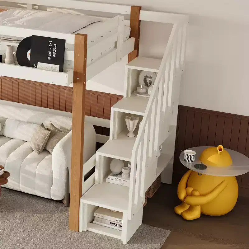 Modern Loft Bed with Storage Shelves, Clothes Hook and Underbed Space