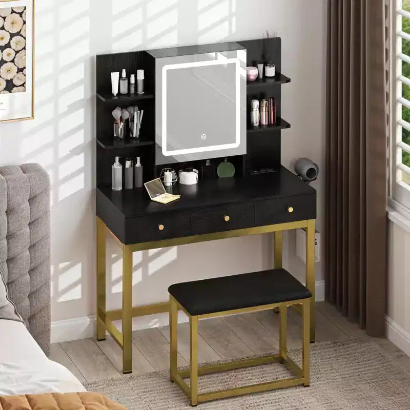 Vanity Desk Makeup Table with LED Lighted Mirror & 3 Drawers Storage Power Hub