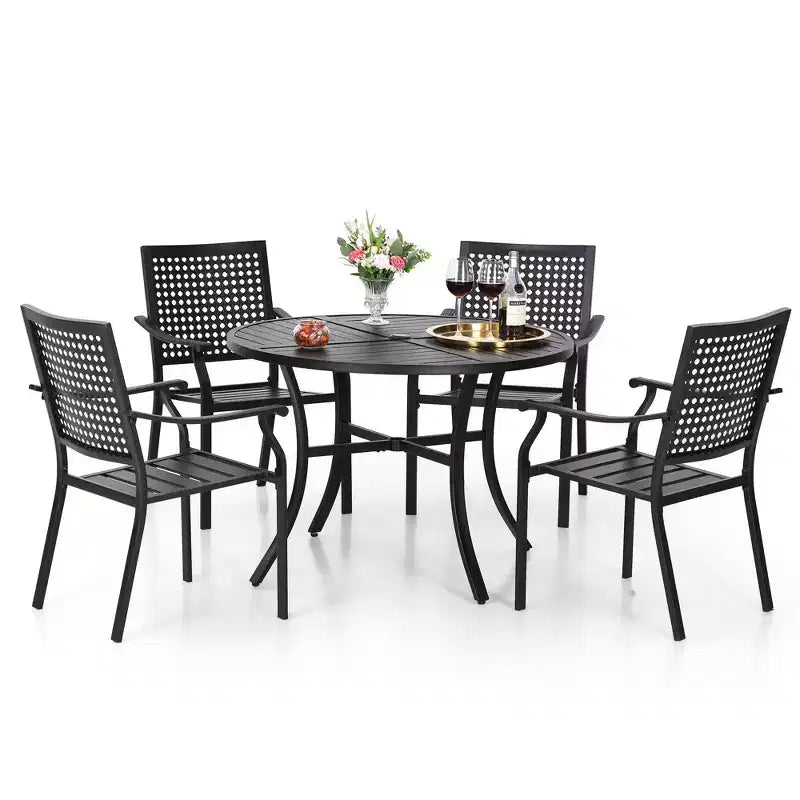 5pc Outdoor Dining Set with Metal Slat Round Table with Umbrella Hole - Captiva Designs: Stackable Chairs, Rust-Resistant