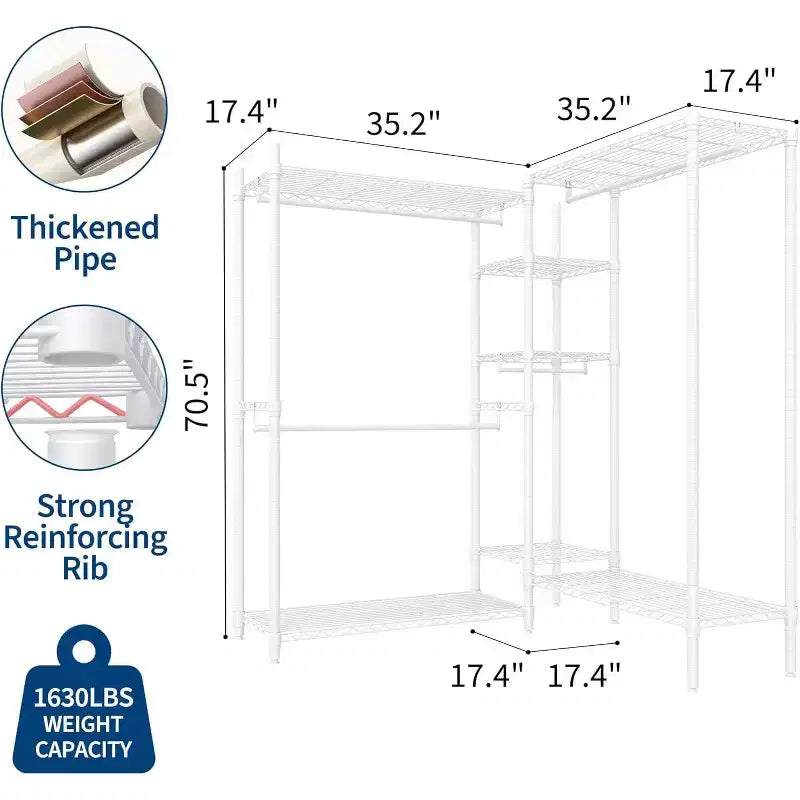 Freestanding Clothing Rack, 70.5 H Garment Rack Combo with Adjustable Shelves Storage for Bedroom Laundry Room Closet