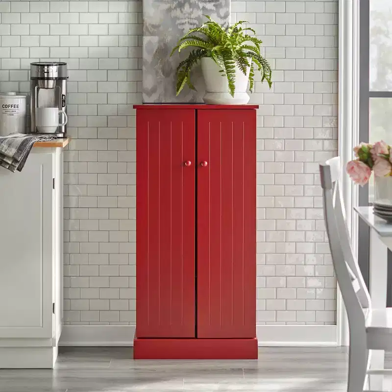Buylateral Utility Pantry Red: Transitional Style, MDF Construction, 3 Adjustable Shelves, 10 Door Compartments