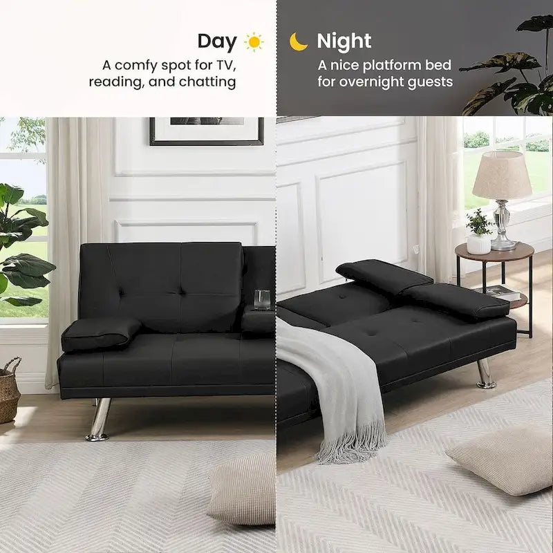 Convertible Sofa Bed – Black / Dark Brown, Faux Leather, 3-Position Recliner, Seats 2