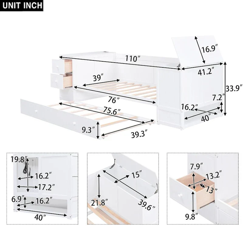 Twin Size Daybed with Storage Arms
