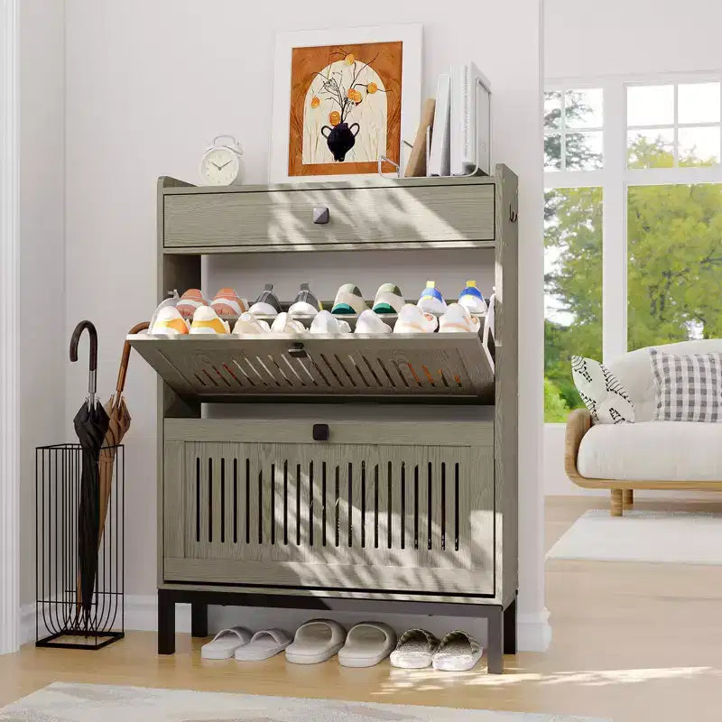 Shoe Storage Cabinet with 2 Flip Drawer, Shoes Organizer with with Top Drawer, Adjustable Shoe Rack