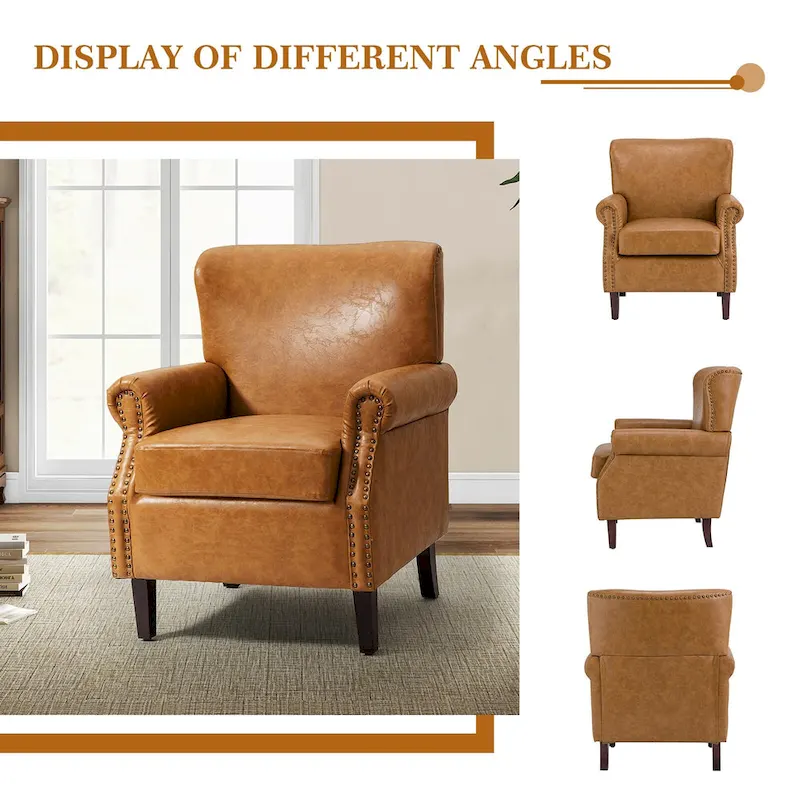 Transitional Leather Armchair with Nailhead Trim Rolled Arms