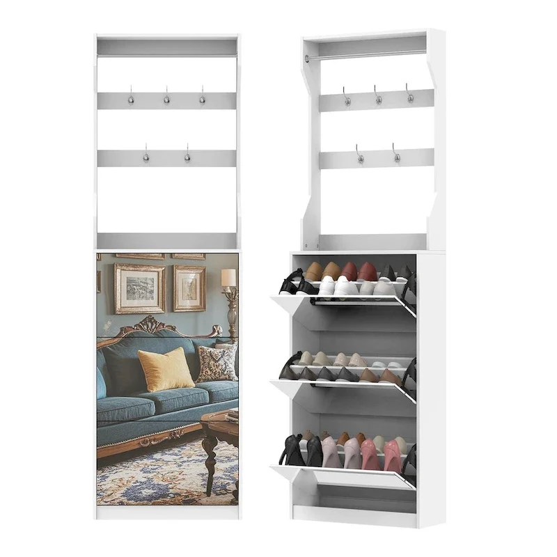 White Flip-Down Shoe Cabinet with Mirror Hooks Hanger Rod Tabletop Entryway Storage