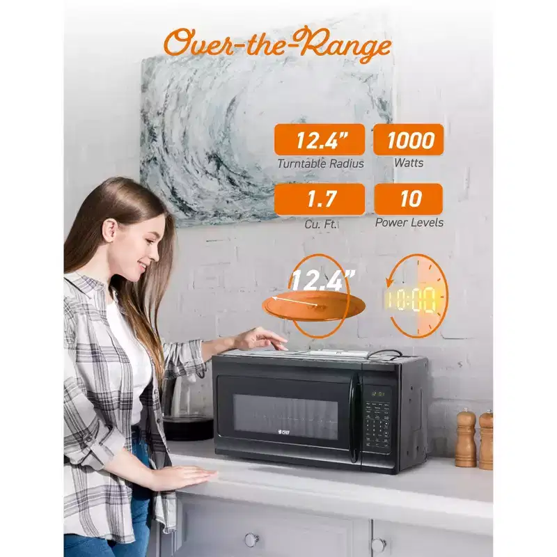 Commercial Chef 1.7 Cu. Ft. Over-The-Range Microwave Oven, 10 Power Levels, 300 CFM Hidden Vent Hood Fan, Touch Controls, 10 Preset Options, Black