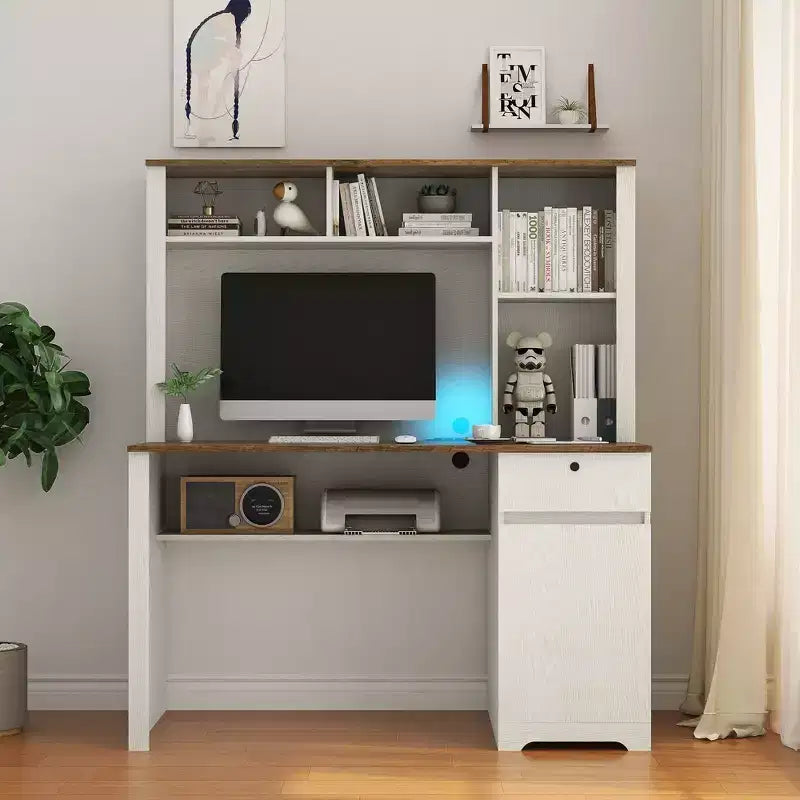51.18IN Modern Computer Desk with Hutch and Bookshelf, Office Desk with Ample Storage, Writing Desk for Study, Reading Room