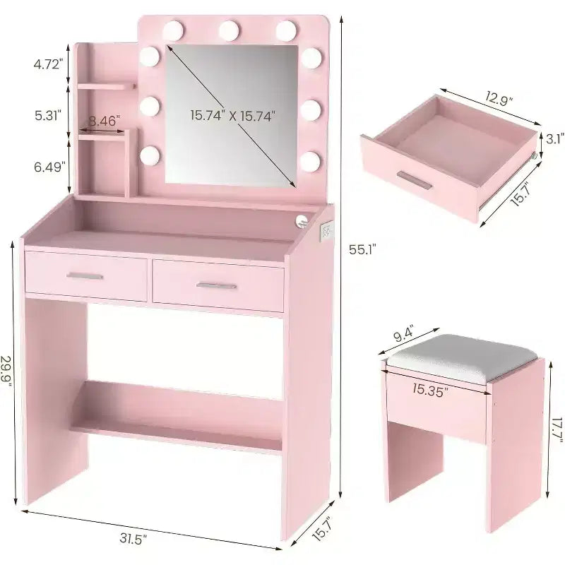 Vanity Desk with Mirror, Makeup Vanity with Cushioned Stool, 3 Lighting Modes Adjustable Brightness