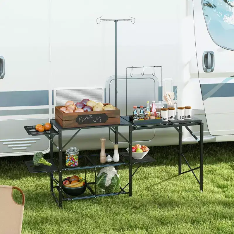 Folding Camp Kitchen, Camping Table Cooking Station with Adjustable Lamp Stand