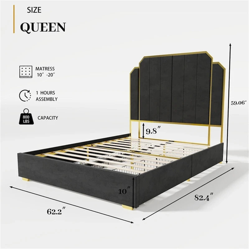Queen Velvet Platform Bed – Gold + Creamy White / Black / Blue, Channel Headboard, 4 Storage Drawers, Sleeps 1