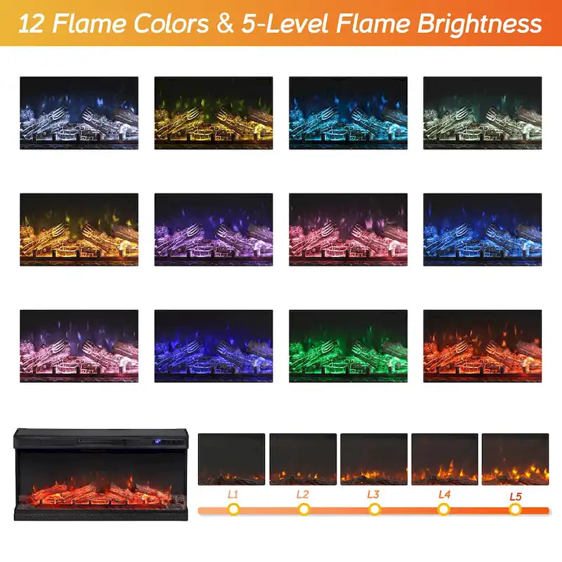 3-Sided Glass Electric Fireplace Insert – Gray & Blue Light / Black, Freestanding or Insert, 18 or 36 Inch