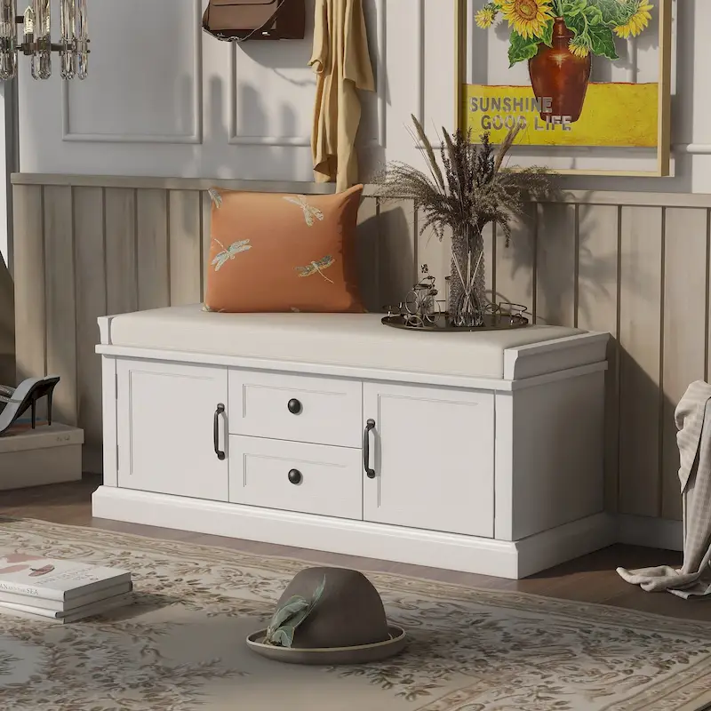 Storage Shoes Bench with 2 Drawers, 2 Cabinets and Removable Cushion