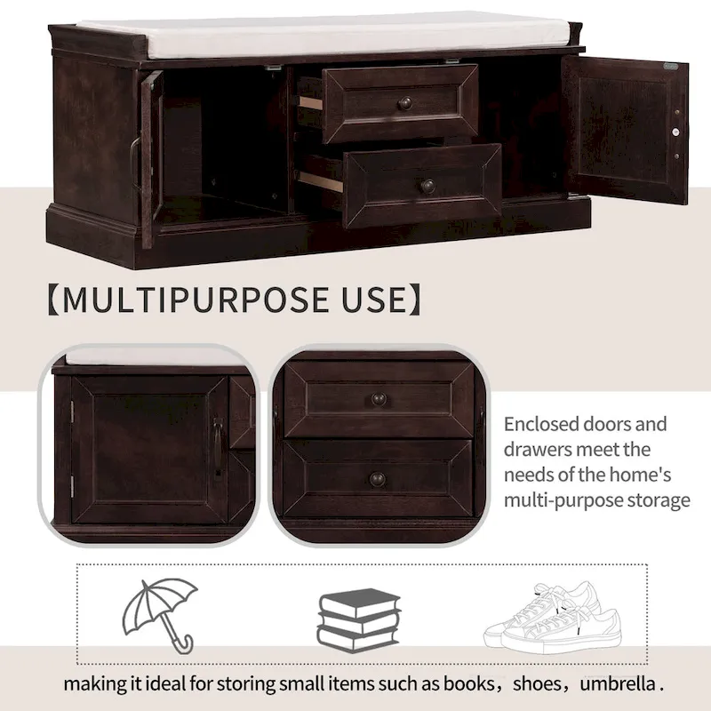 Storage Shoes Bench with 2 Drawers, 2 Cabinets and Removable Cushion