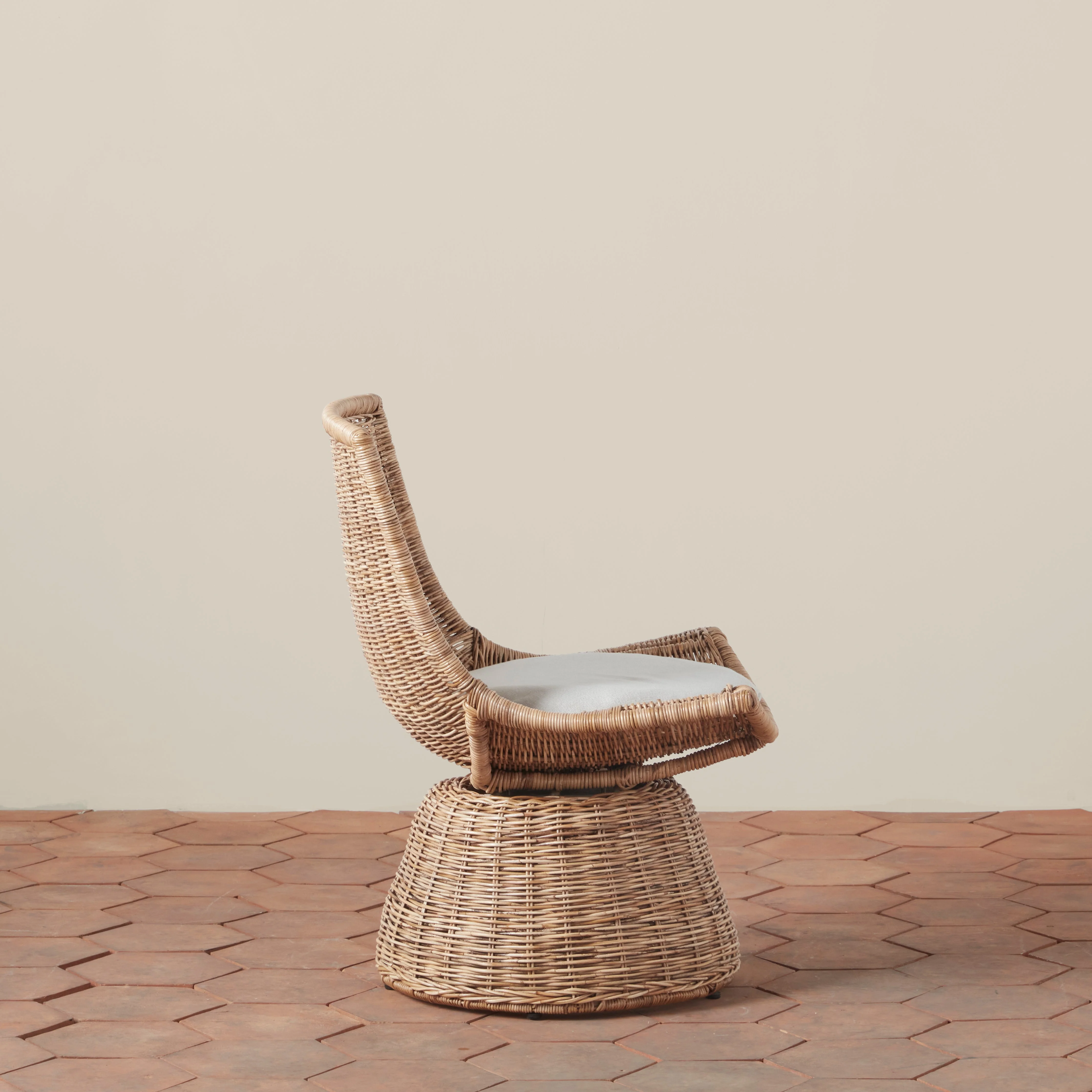 Mid-Century Modern Handwoven Rattan & Linen Small Swivel Chair with Compact Scale for Bedroom or Study