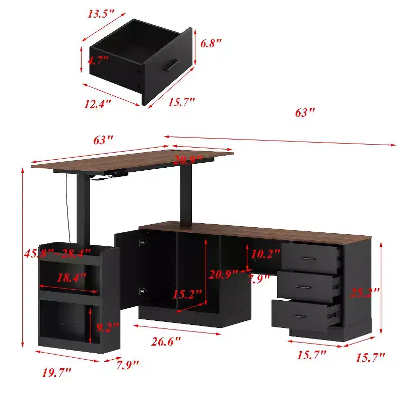 Height-Adjustable Computer Desk Office Desk Standing Desk: L-Shaped Spacious Desktop, Storage Cabinets