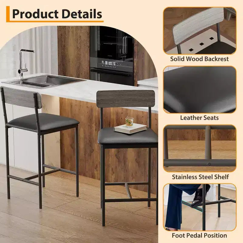Bar Stools Set of 2, Kitchen Bar Stools with Footrest, 25.5 Inches Upholstered Bar Chairs with Back, 2 Counter Height Barstools for Counter Bar