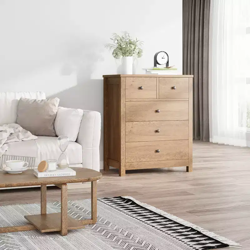 5-Drawer Fluted Dresser with Gold Metal Handles and Legs