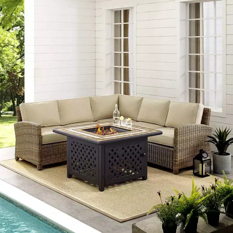 Bradenton 4pc Outdoor Wicker Sectional Set with Fire Table - Crosley