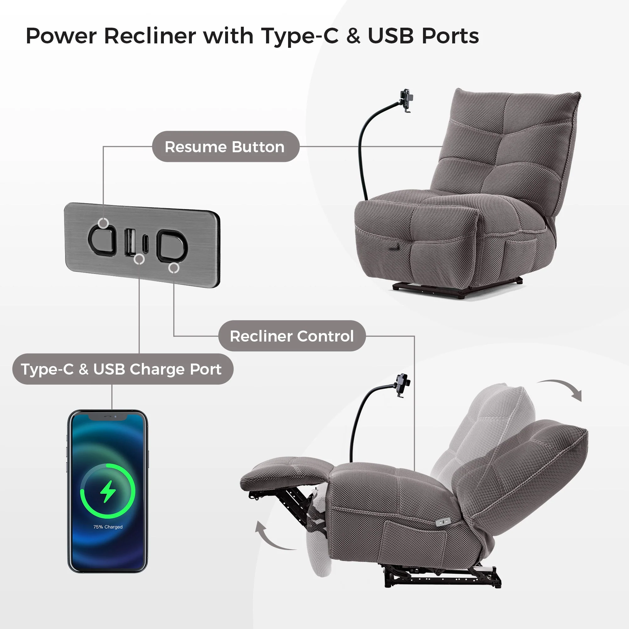 Recliner with Wireless Charging and USB Port