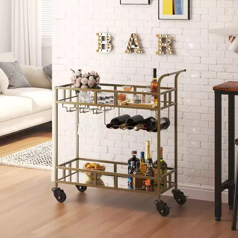 COZONY 2 Tier Bar Cart with Wine Rack and Glass Holder, Mirrored Mobile Serving Cart with Wheels for Kitchen Living Room