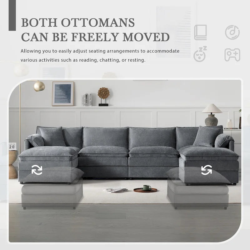136  U-Shaped Chenille Cloud Sectional Sofa with Dual Ottomans