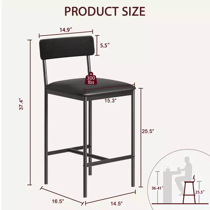 Bar Stools Set of 2, Kitchen Bar Stools with Footrest, 25.5 Inches Upholstered Bar Chairs with Back, 2 Counter Height Barstools for Counter Bar