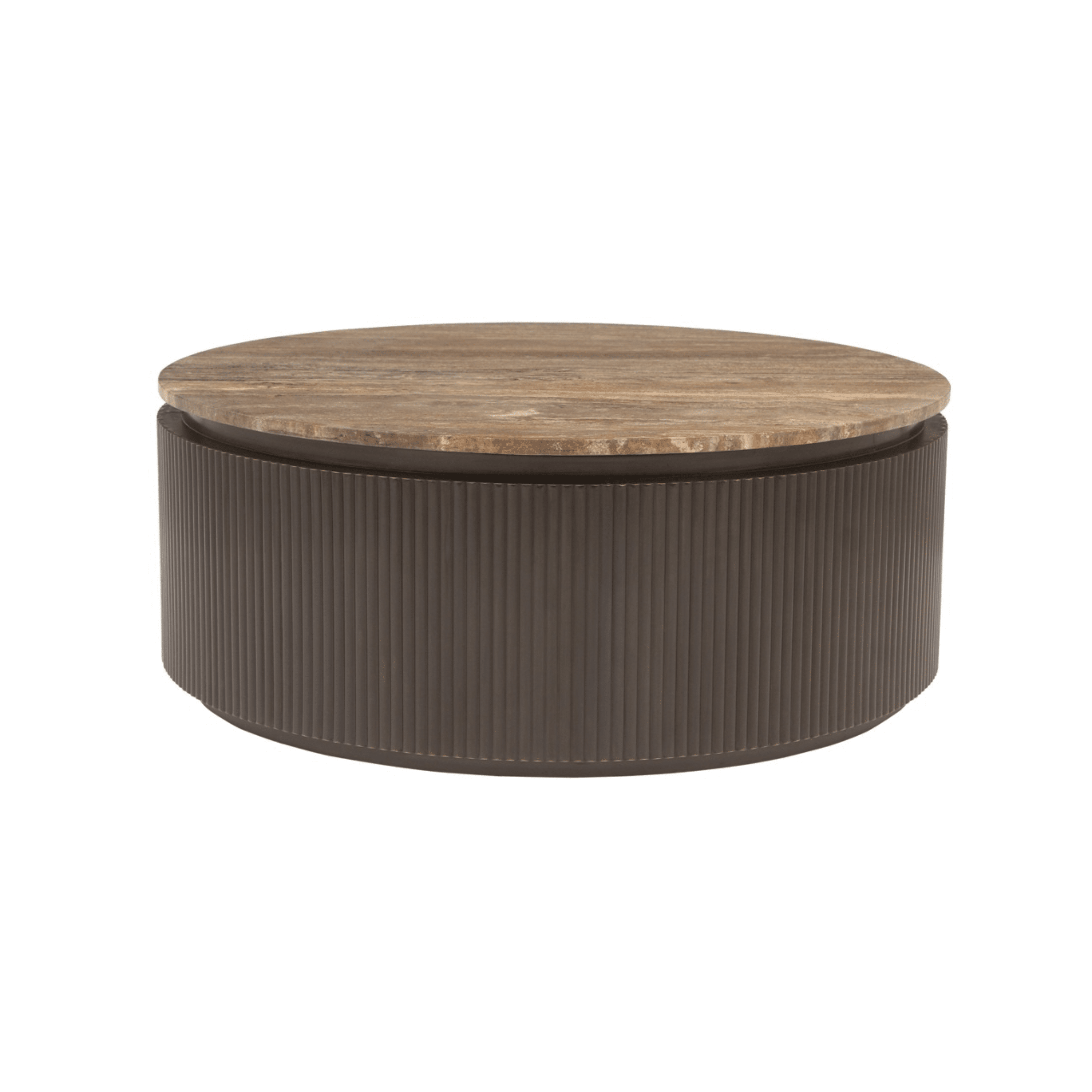 Brown Ribbed Round Coffee Table with Travertine Top