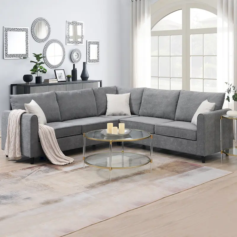 L-Shape Sectional Sofa with 3 Pillows, Gray Polyester Upholstery, 91