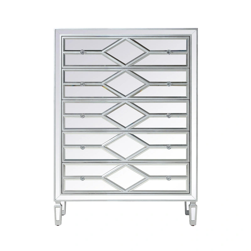 5-Drawer Chest – Antique White / Silver, Beveled Mirror Panels, Crystal Knobs, Hand-Painted Finish
