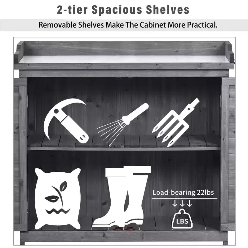 Outdoor Potting Bench with 2-Tier Shelves & Side Hooks, Galvanized Tabletop, Garden Workstation
