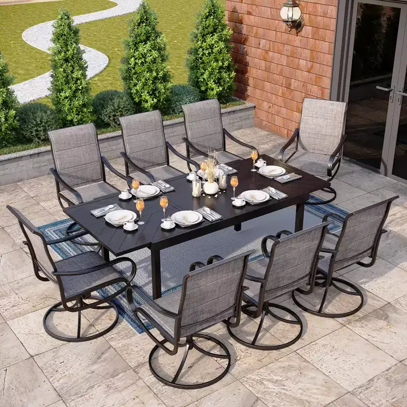 Captiva Designs 9pc Patio Dining Extendable Black Steel Rectangle Table & Textilene Swivel Chairs