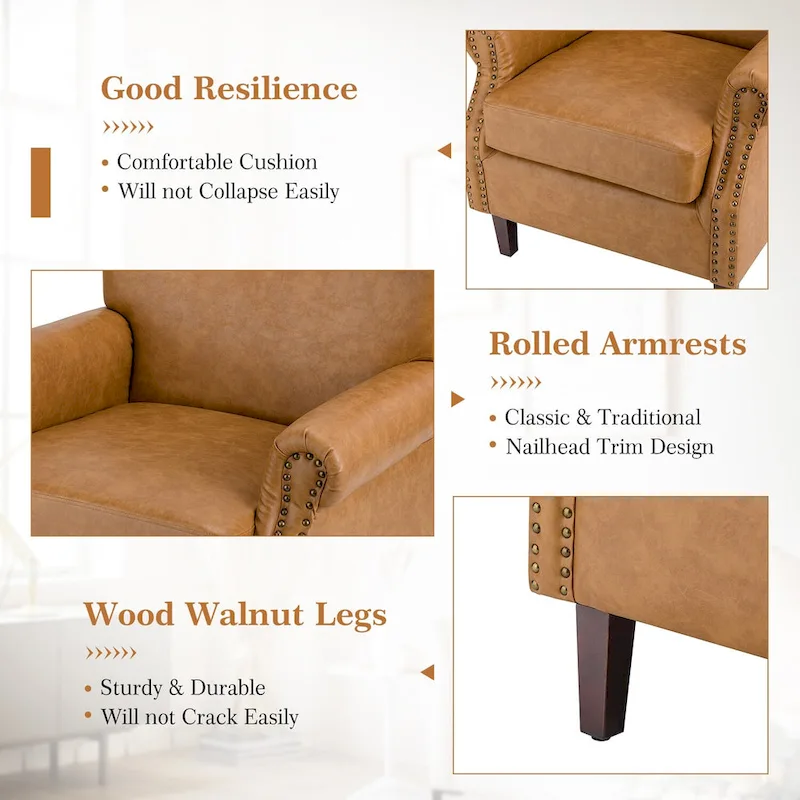 Transitional Leather Armchair with Nailhead Trim Rolled Arms