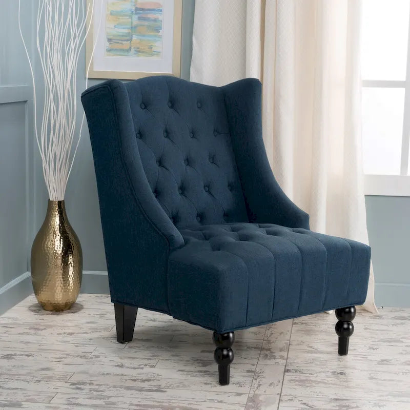 Upholstered Wingback Chair – Blue / Navy / Silver / Green, Button-Tufted Diamond Stitch, Birch Legs, Seats 1