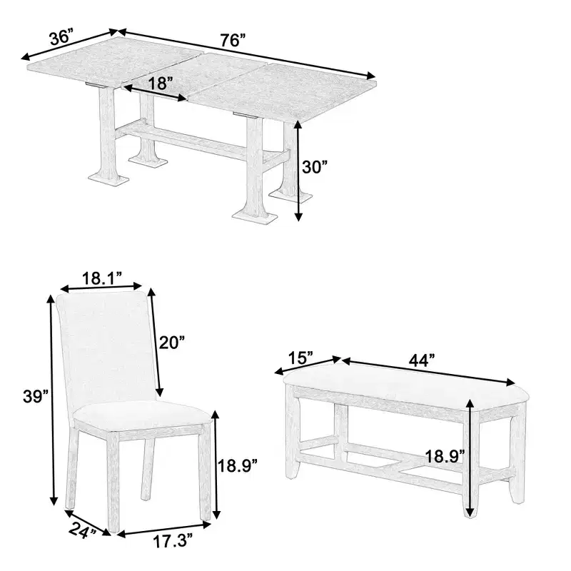6 Pieces Dining Table Set with Bench for 6, Kitchen Table Set with Storage Drawer and 4 Upholstered Dining Chairs