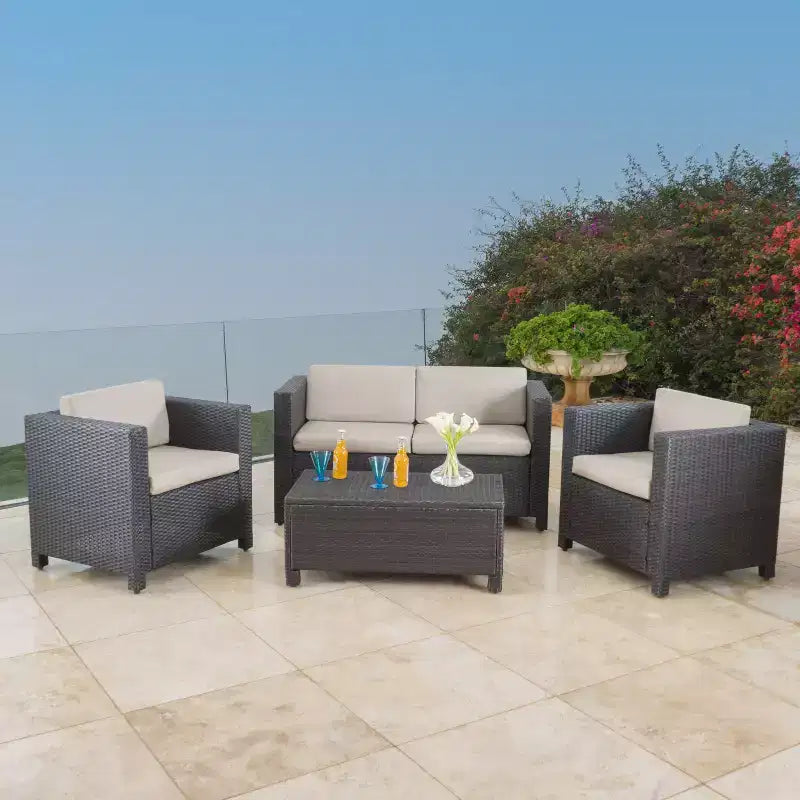 Christopher Knight Home Puerta Outdoor Wicker 4 Seater Chat Set with Cushions