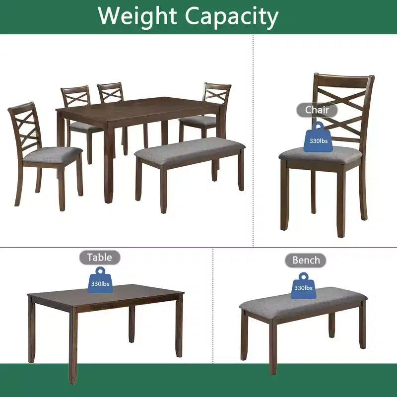 MAYEERTY 6-Piece Dining Set for 6, Wooden Rectangular Table + 4 Upholstered Chairs & Bench, Gray