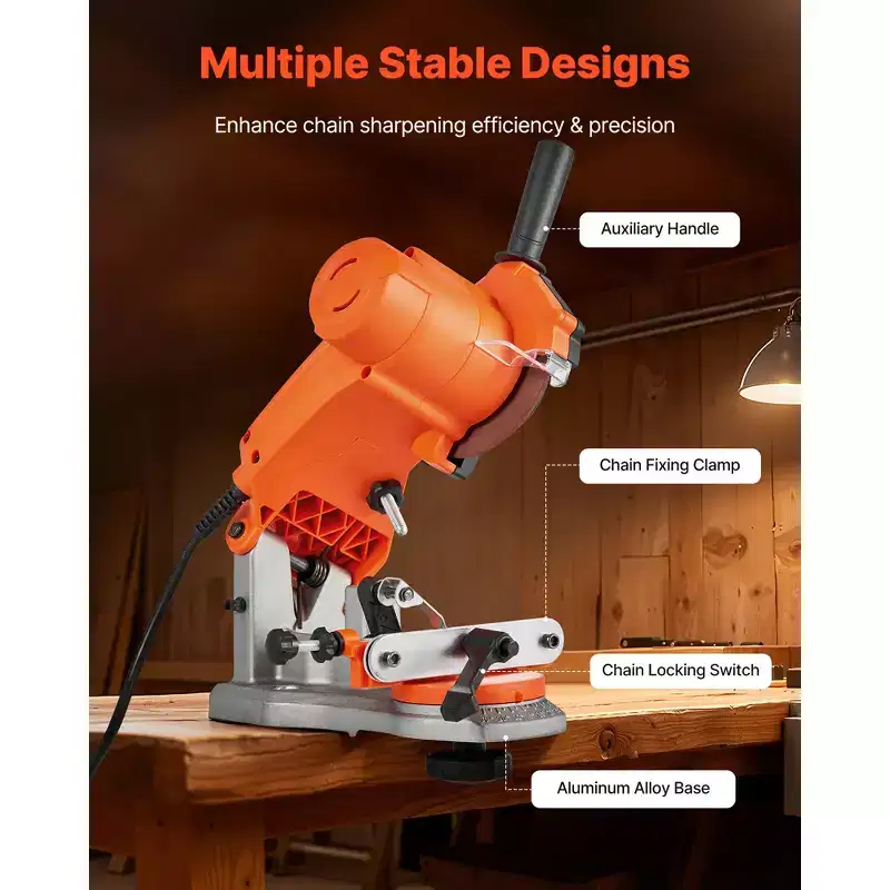 VEVOR Electric Chainsaw Sharpener, 85W Bench Saw Chain Sharpener 5000RPM, Chainsaw Sharpening Tool with 2 Grinding Wheels & LED Light, Orange&Black