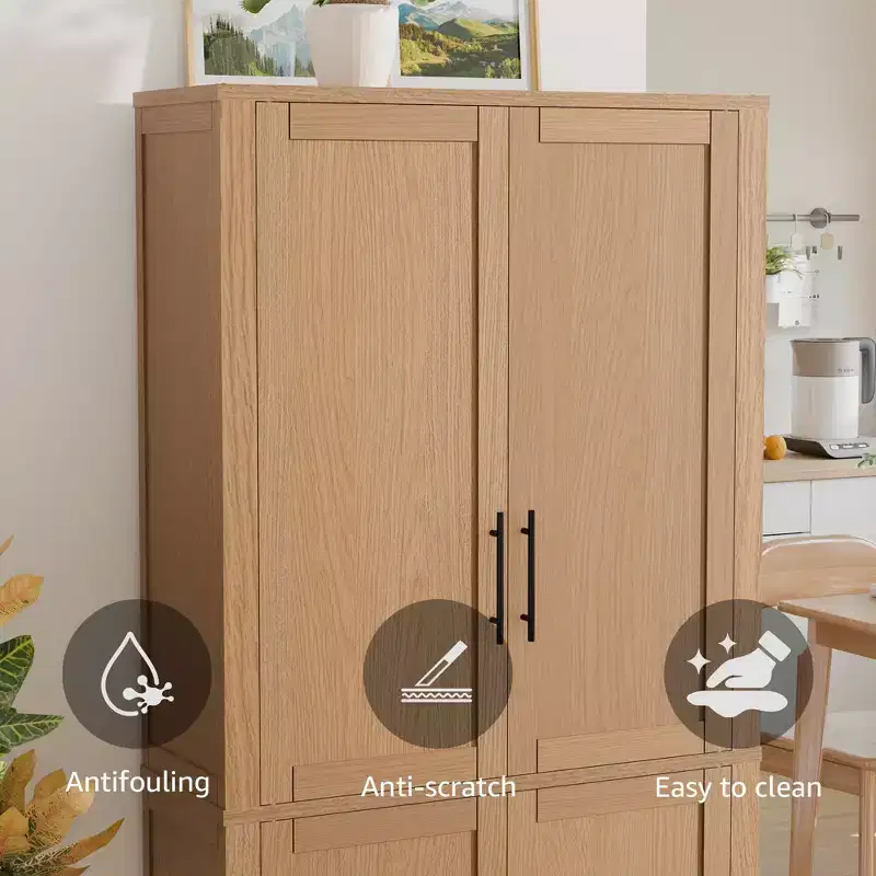 PexFix Kitchen Pantry Cabinet Freestanding Food Storage Cabinet with 4 Doors & Adjustable Shelves Floor Utility Storage Organizer