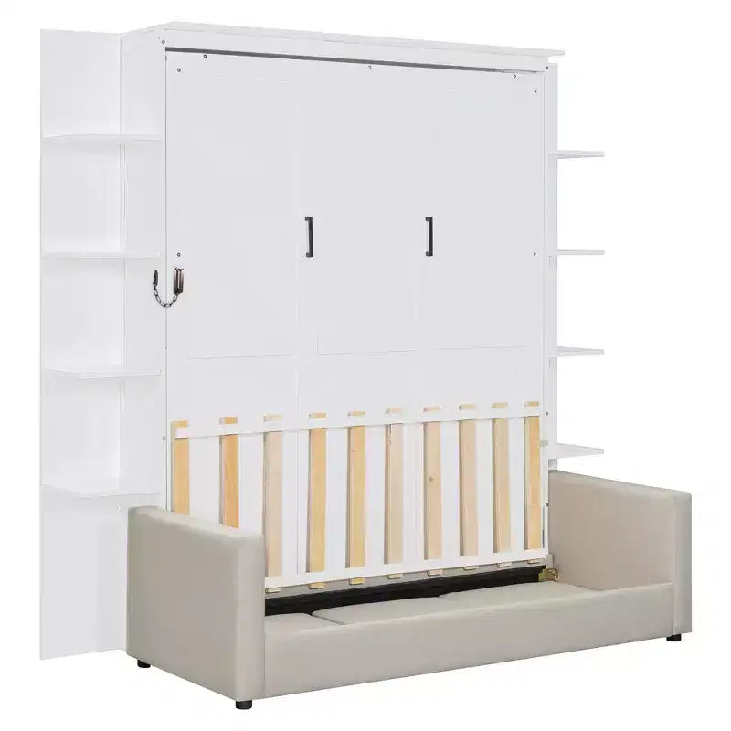 Queen Murphy Bed Wall Bed with Sofa, Queen Size Cabinet Bed Folding Wall Bed with Bookshelf and Shelves for Guest Room Office