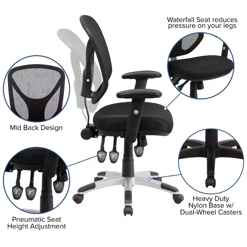 Mid-Back Black Mesh Multifunction Swivel Ergonomic Task Office Chair - Arms