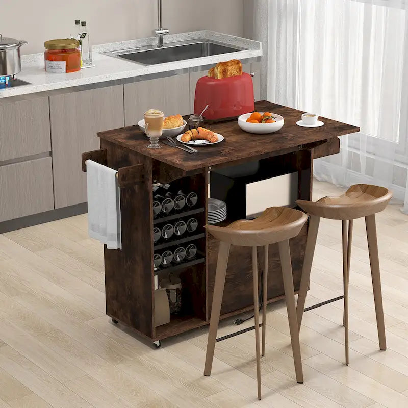 Kitchen Island Cart – White / Brown / Black, Drop-Leaf, Power Outlet, Wine Rack, Microwave Shelf, Casters