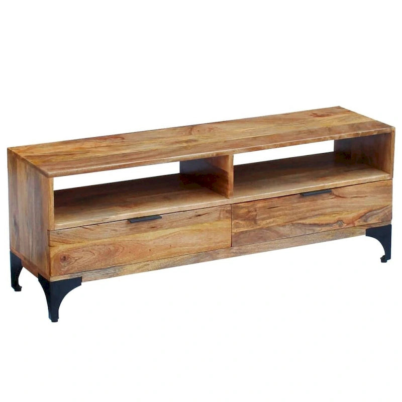 Handmade Mango Wood TV Stand – Brown, Rustic Style, 2 Drawers & 2 Compartments
