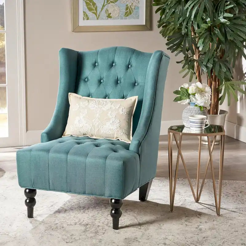 Upholstered Wingback Chair – Blue / Navy / Silver / Green, Button-Tufted Diamond Stitch, Birch Legs, Seats 1